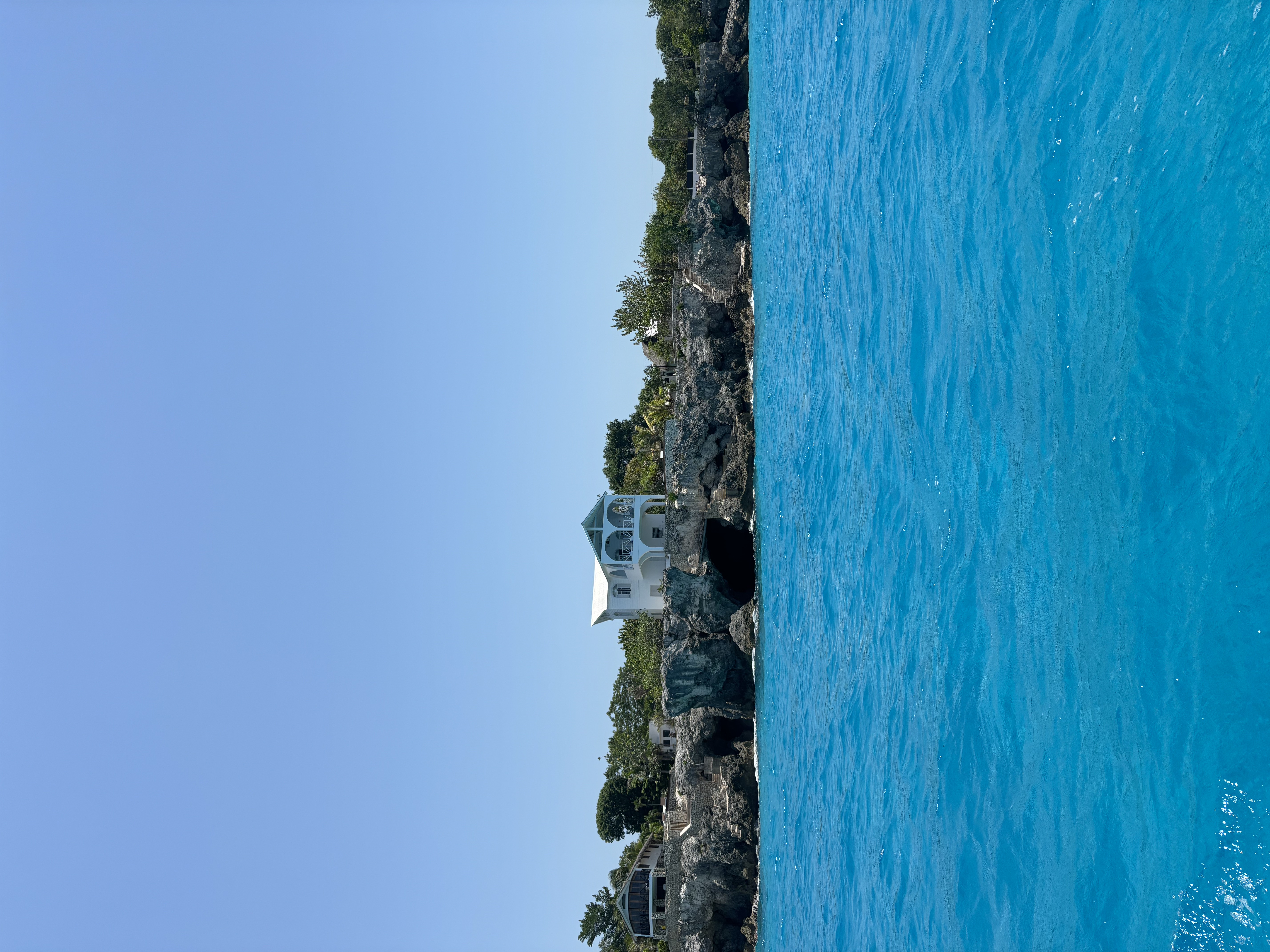 Bright blue water beside a rocky shore